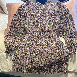 Ted Baker Floral Multicolor Smocked Waist Long Sleeve Mini Dress